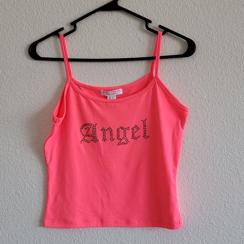 NEW - STREETWEAR SOCIETY Tank Top Cropped Angel Sequin Beading Size Small Pink